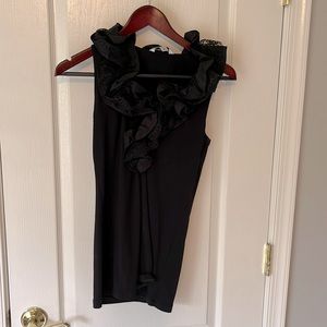 Cabi size small black shirt with lace and satin ruffled neckline